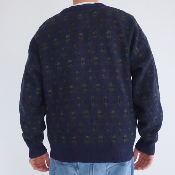 VTG Claybrooke Navy Wool Blend Patterned Knit Retro Eclectic Grandpa Cardigan XL - Picture 2 of 9